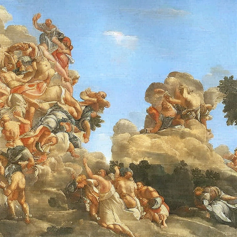 Dynamic classical painting of muscular figures on horses in dramatic poses under serene blue sky