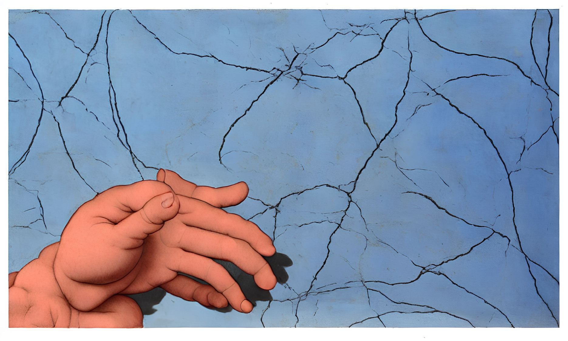 Fingers touching cracked blue surface