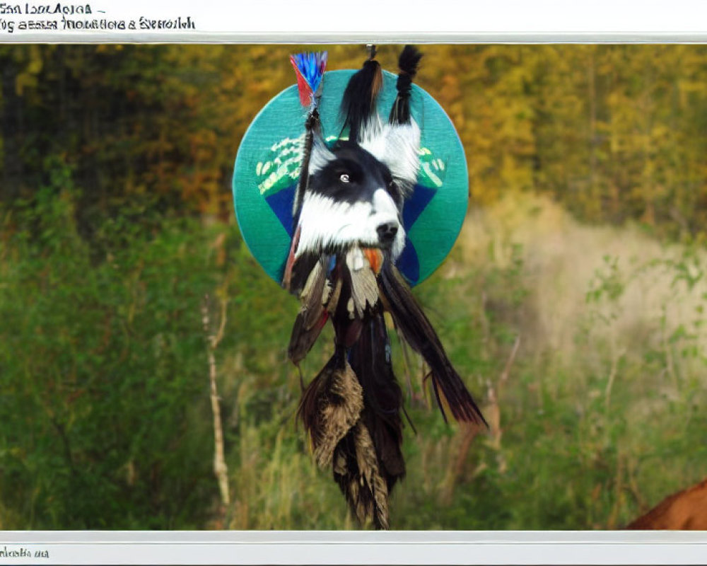 Circular Native American Dreamcatcher with Feathers, Beads, and Dog Image