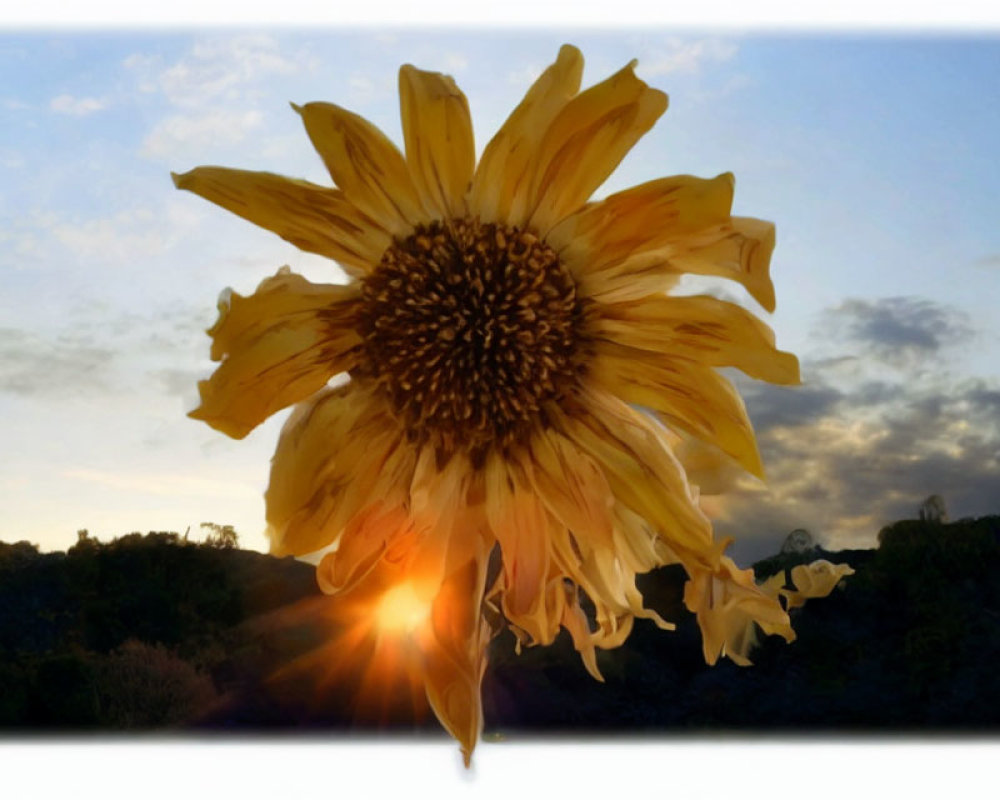 Vivid sunflower against sunset sky with forest landscape