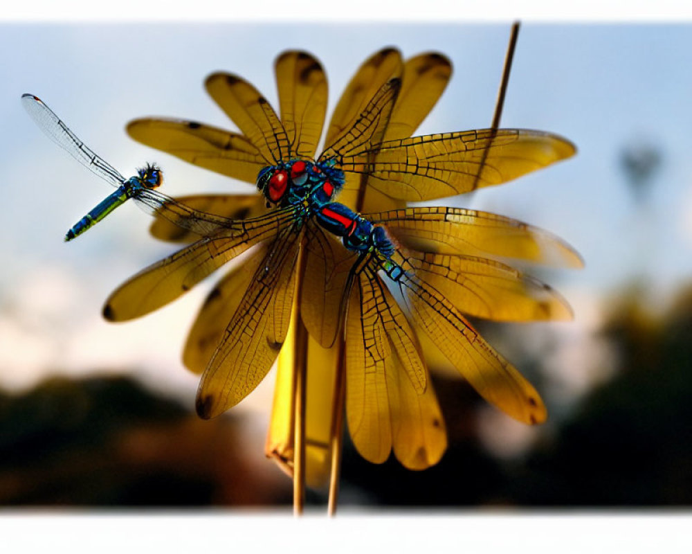 Colorful dragonflies on yellow pinwheel in soft background