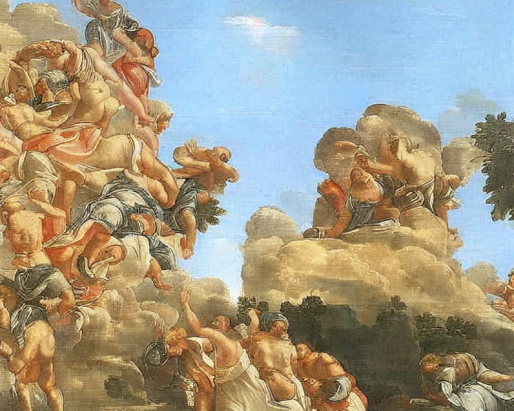 Dynamic classical painting of muscular figures on horses in dramatic poses under serene blue sky