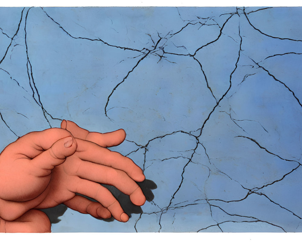 Fingers touching cracked blue surface