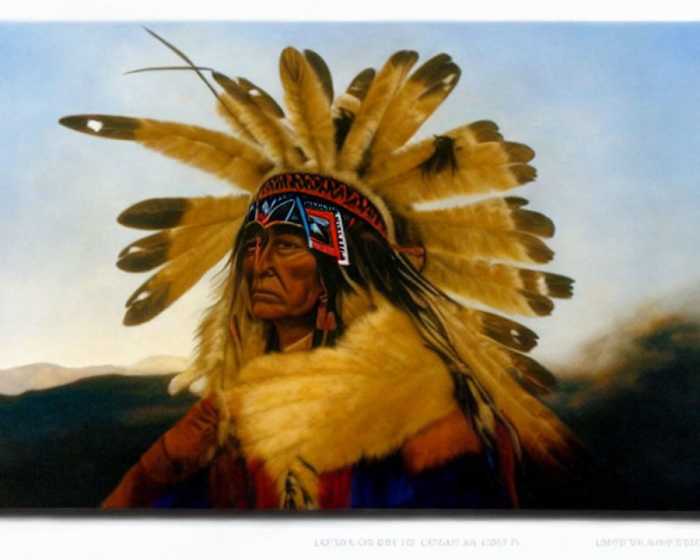 Native American man in traditional attire with feathered headdress, gazing afar