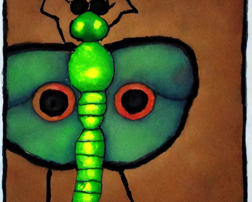 Colorful Stylized Insect Drawing with Green Body and Peacock Feather Eyes