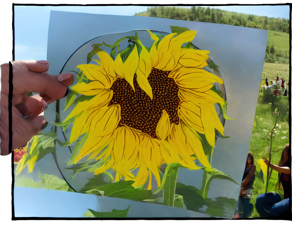 Hand holding sunflower drawing next to real sunflower in field