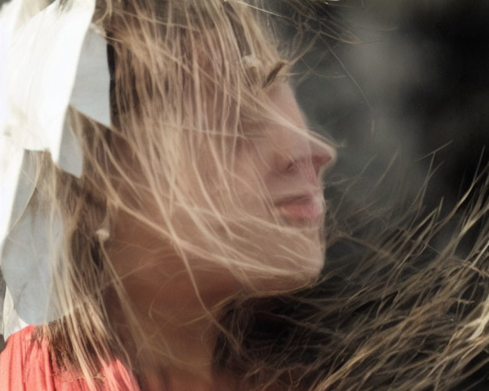 Woman in Red Top with White Band in Dreamlike Photo