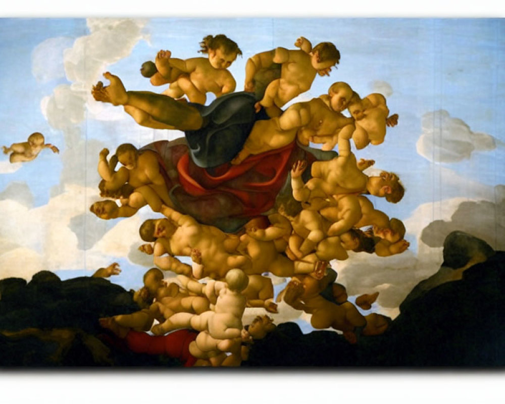 Baroque painting of cherubs around central figure in red against sky