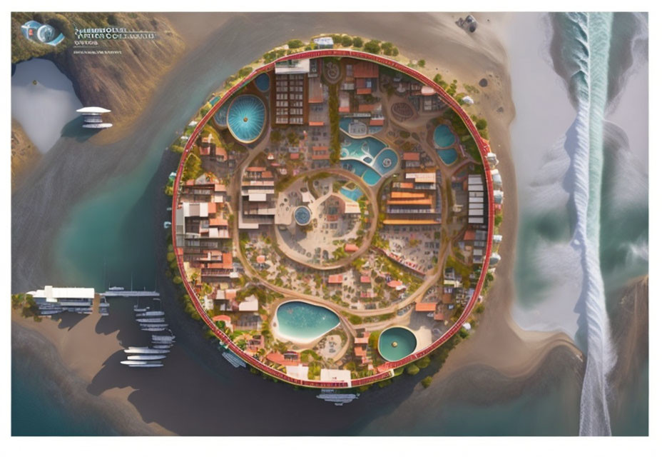 Circular artificial island with buildings, pools, green spaces, and boats in water