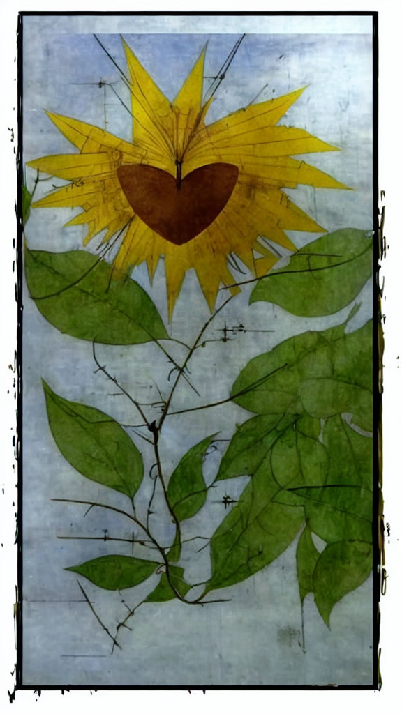 Pressed leaf heart in star surrounded by green leaves on textured paper.