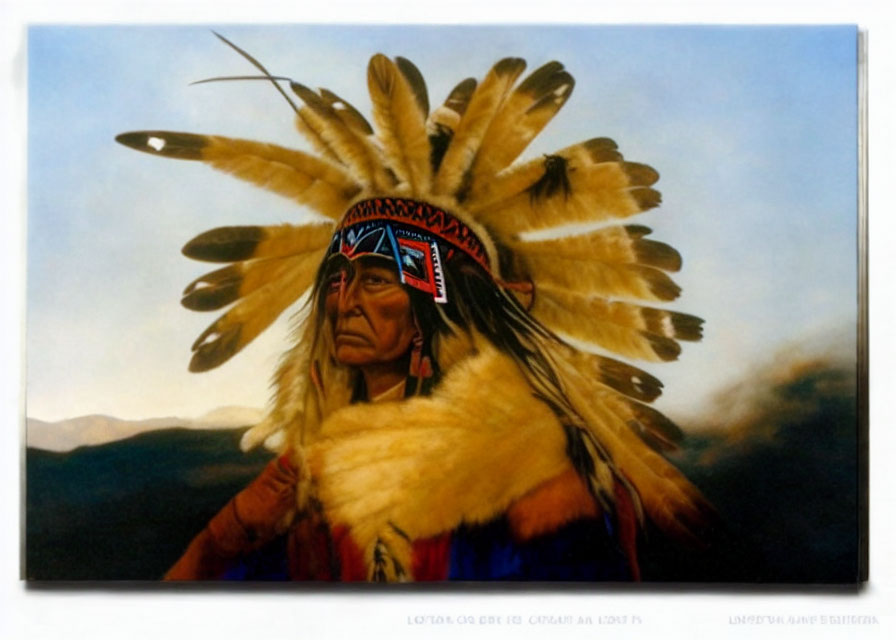 Native American man in traditional attire with feathered headdress, gazing afar