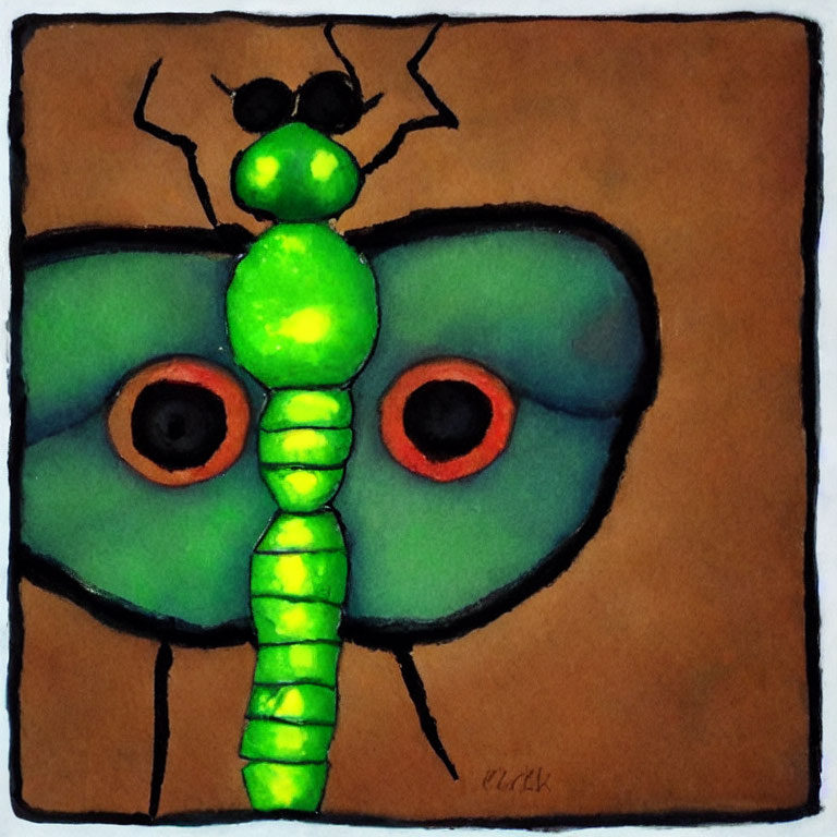 Colorful Stylized Insect Drawing with Green Body and Peacock Feather Eyes