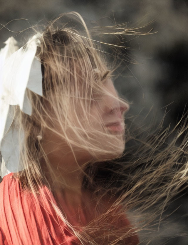 Woman in Red Top with White Band in Dreamlike Photo