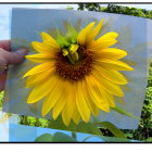 Hand holding sunflower drawing next to real sunflower in field