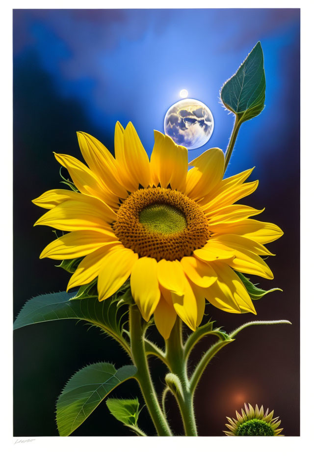 Sunflower with bubble reflecting Earth against blue sky