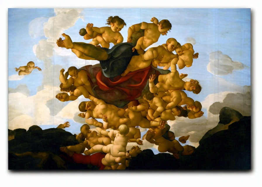 Baroque painting of cherubs around central figure in red against sky