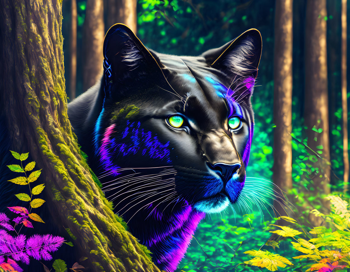 Neon-colored panther with blue eyes in vibrant forest