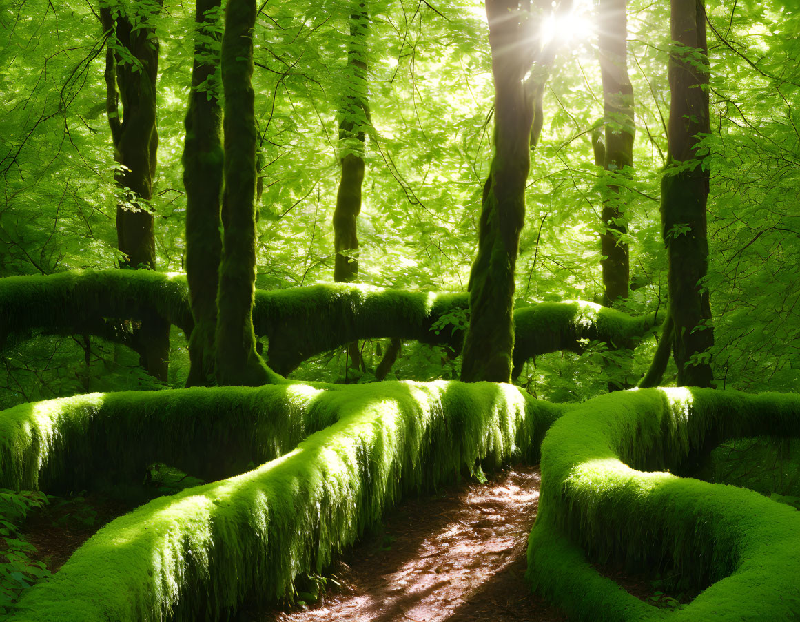 Lush forest with sunlight filtering through green canopy