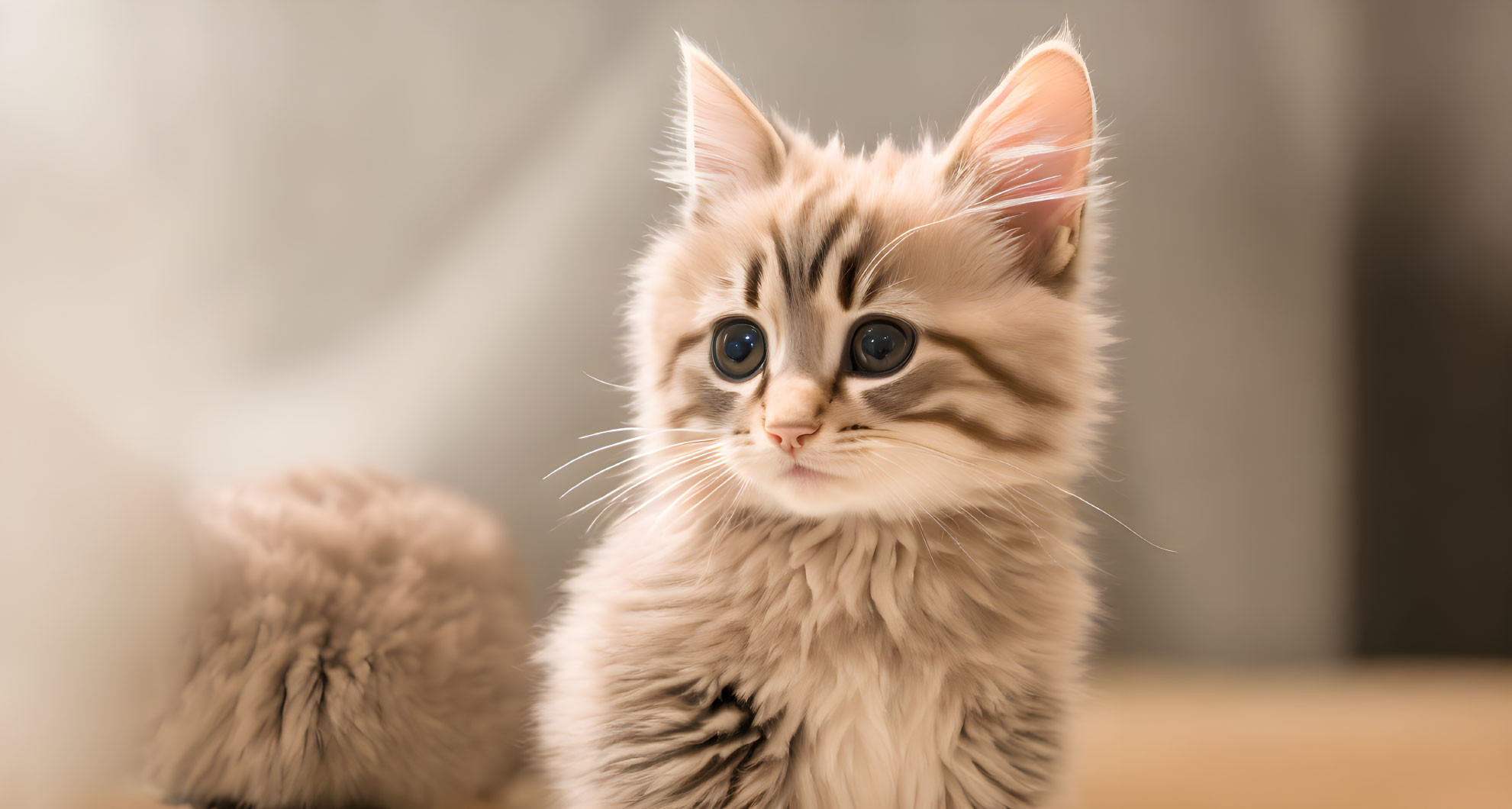 Fluffy Tabby Kitten with Blue Eyes and Pointed Ears on Soft Background