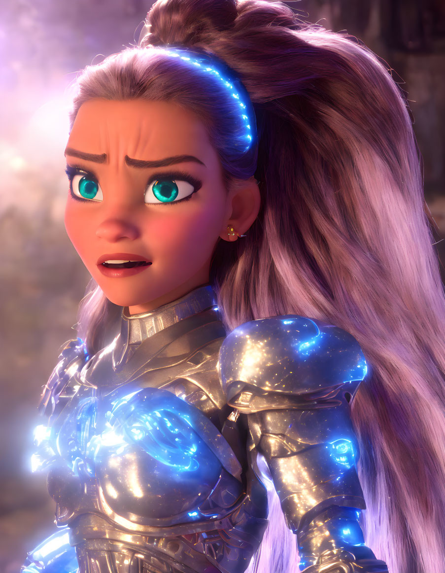 Turquoise-eyed animated character in futuristic armor with white hair