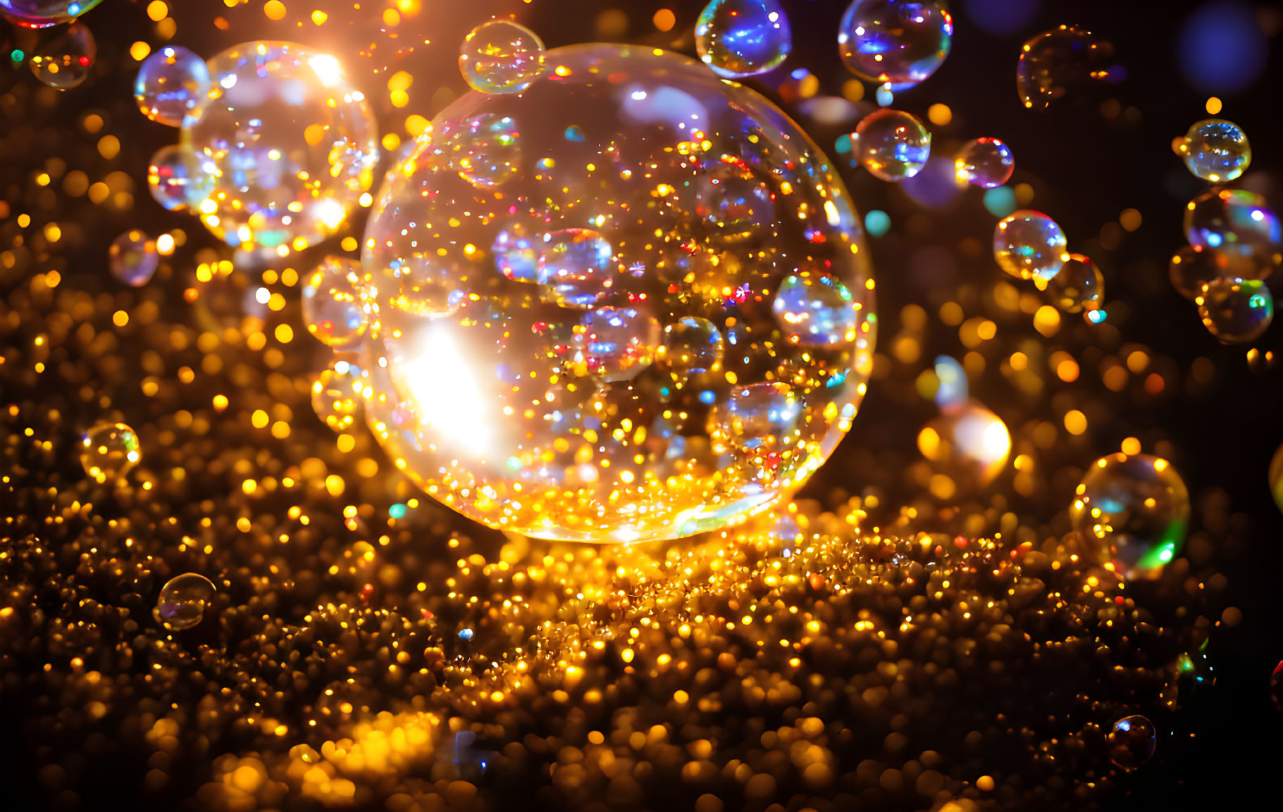 Iridescent soap bubble on golden background with smaller bubbles