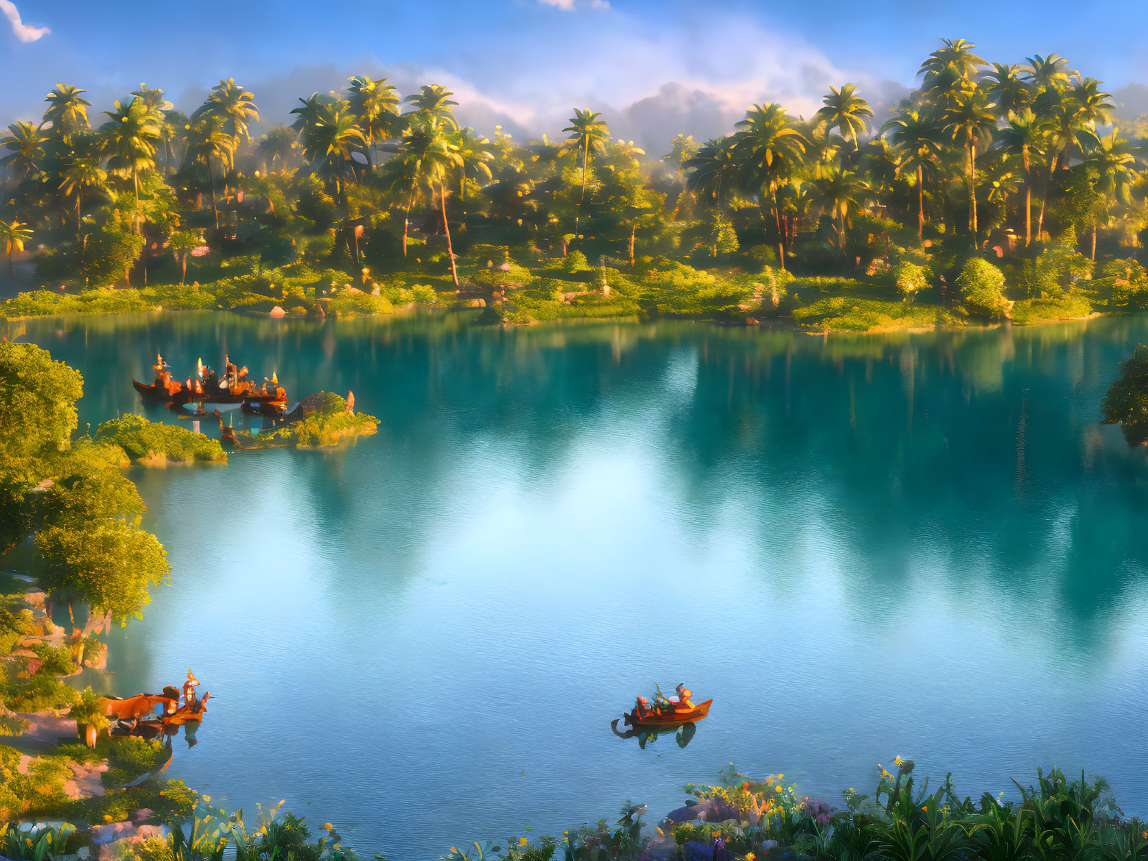 Tranquil Tropical Scene: Blue Lake, Palm Trees, Boats