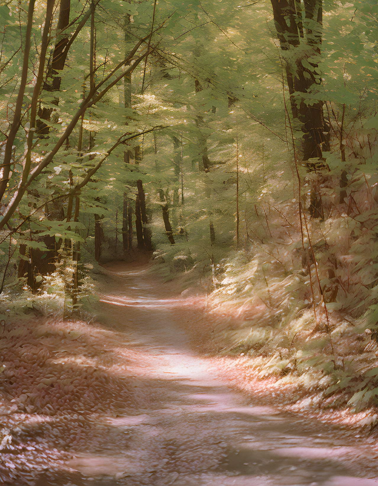 Tranquil Forest Path with Sunlight Filtering Through Green Canopy