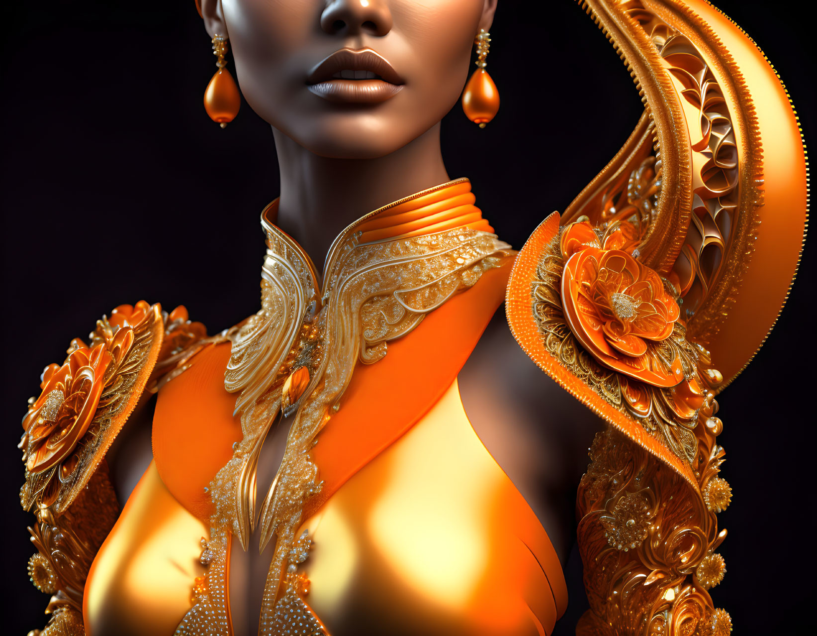 Digital Artwork: Woman in Golden Ornate Attire with Intricate Details