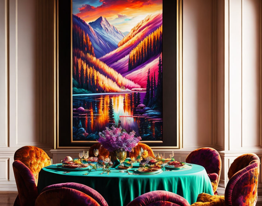 Sophisticated dining room with large vibrant landscape painting and plush velvet chairs around a table set with fine