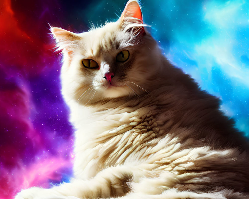 White Fluffy Cat on Cosmic Background with Nebula