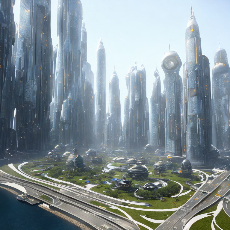 Futuristic cityscape with skyscrapers, parks, and roadways