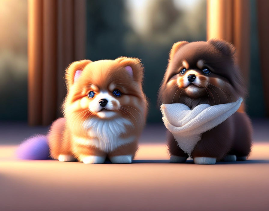 Two fluffy animated dogs, one orange and the other black and brown, sitting side by side with a