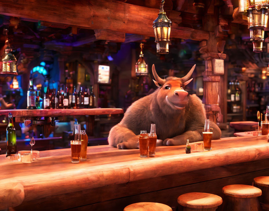 Animated bull character in a bar setting with wooden interior and hanging lanterns.