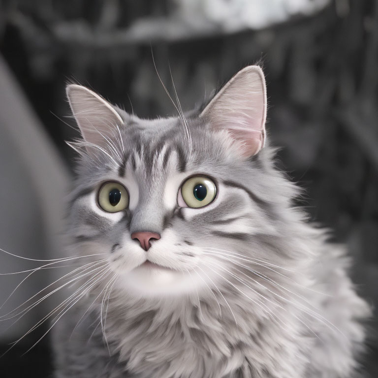 Fluffy grey tabby cat with green eyes and pink nose in soft focus.