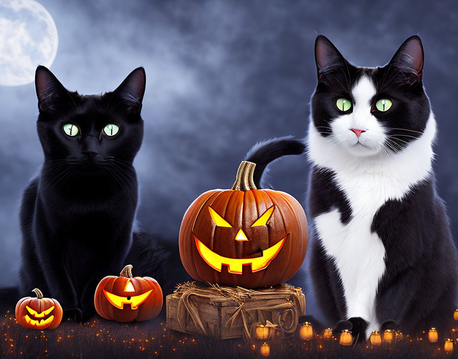 Two black and white cats with carved pumpkins under moonlit sky