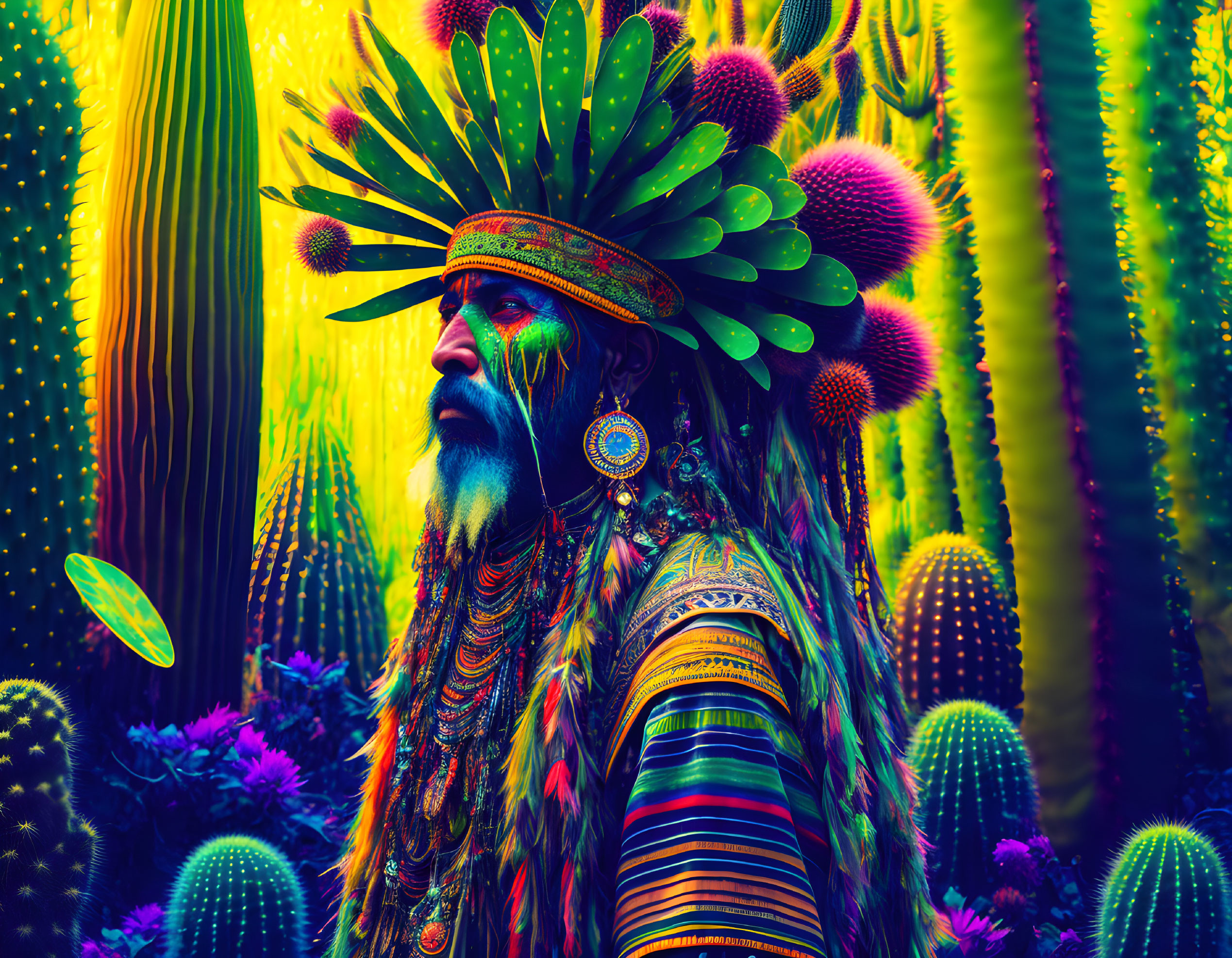 Colorful Image of Person in Aztec Attire with Psychedelic Cacti
