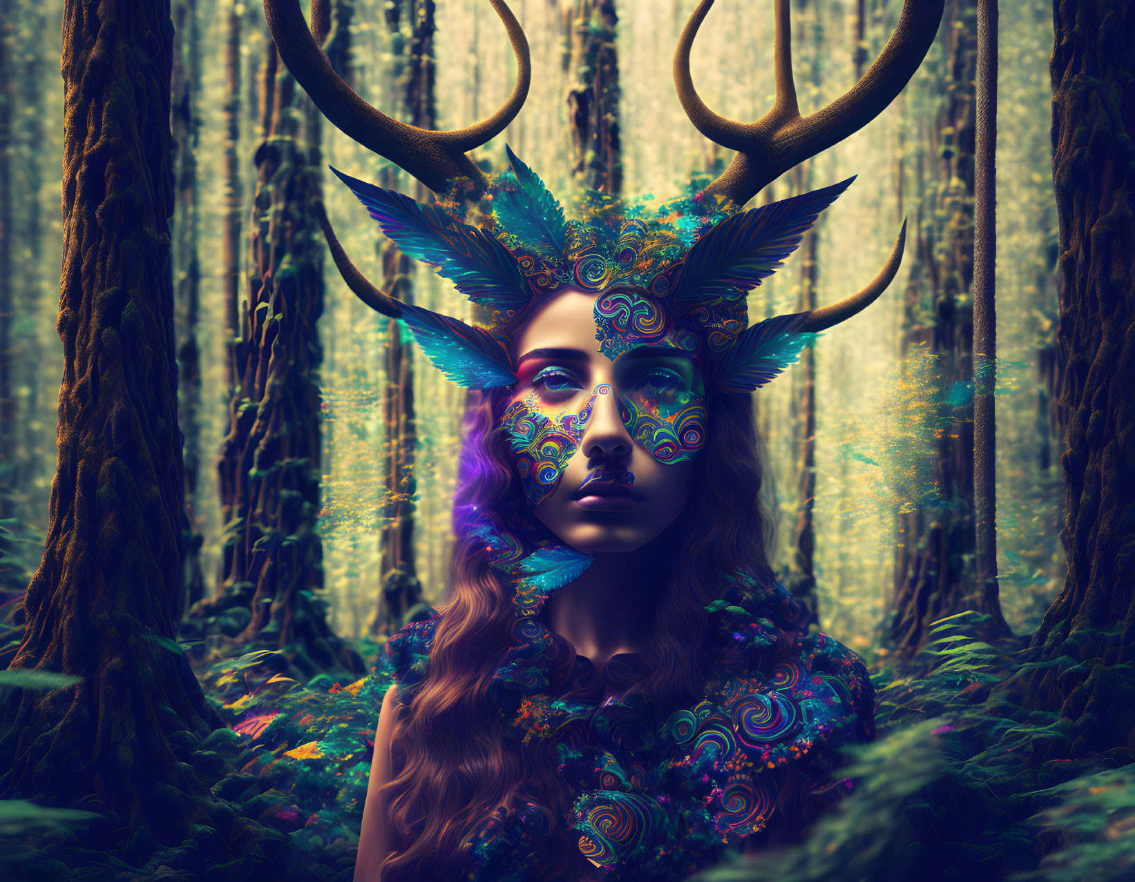 Person adorned with antler-like headgear in mystical forest with vibrant face paint