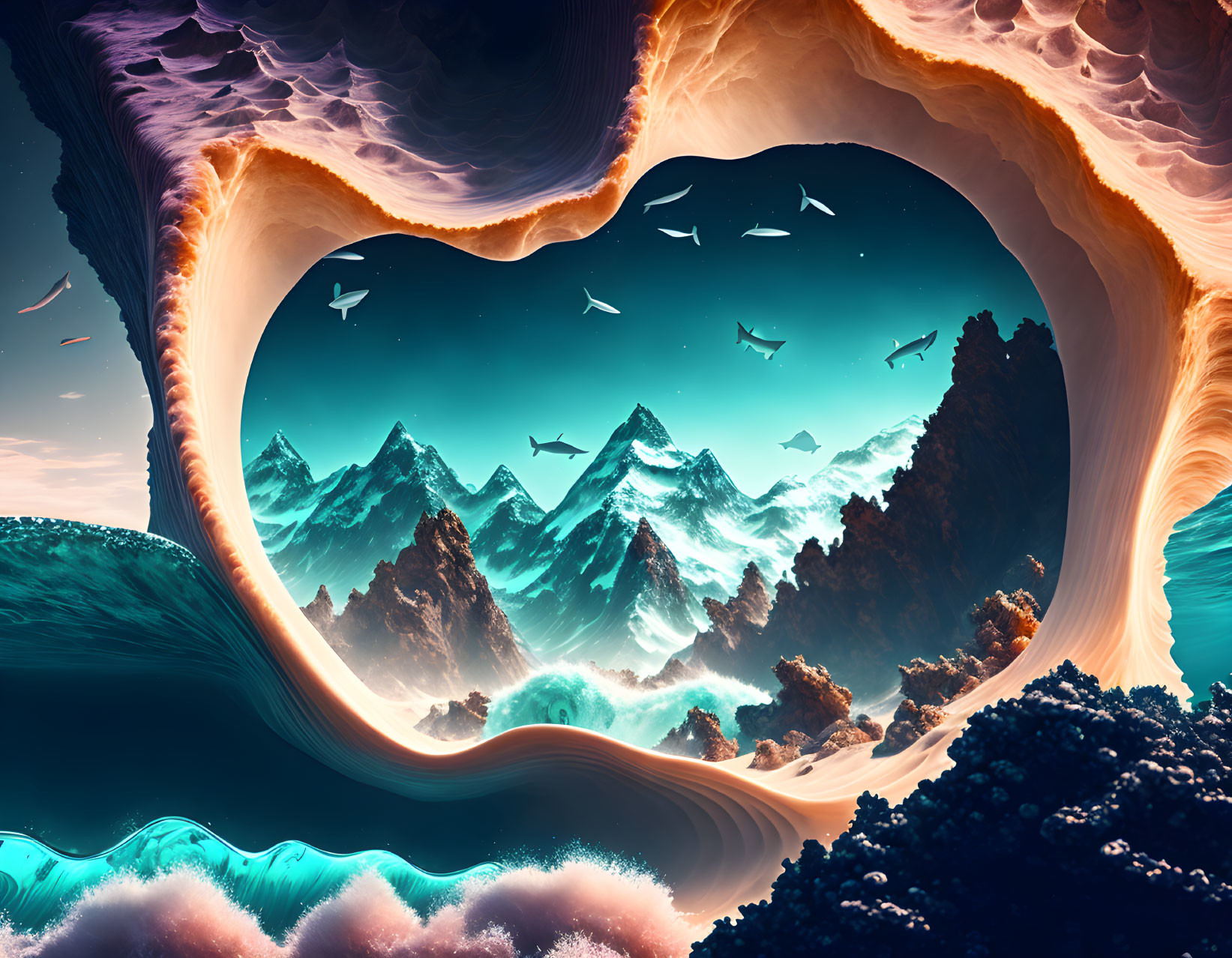 Surreal landscape with heart-shaped rock, mountains, birds, waves, colorful sky