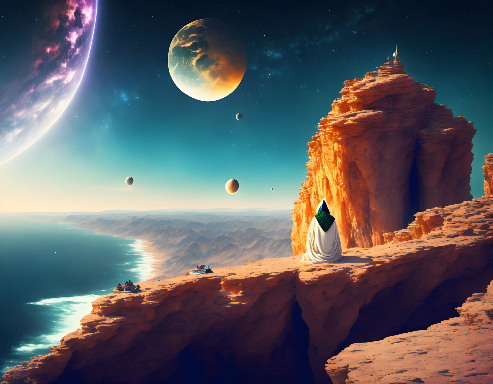Robed figure on desert cliff gazes at ocean and rising planets