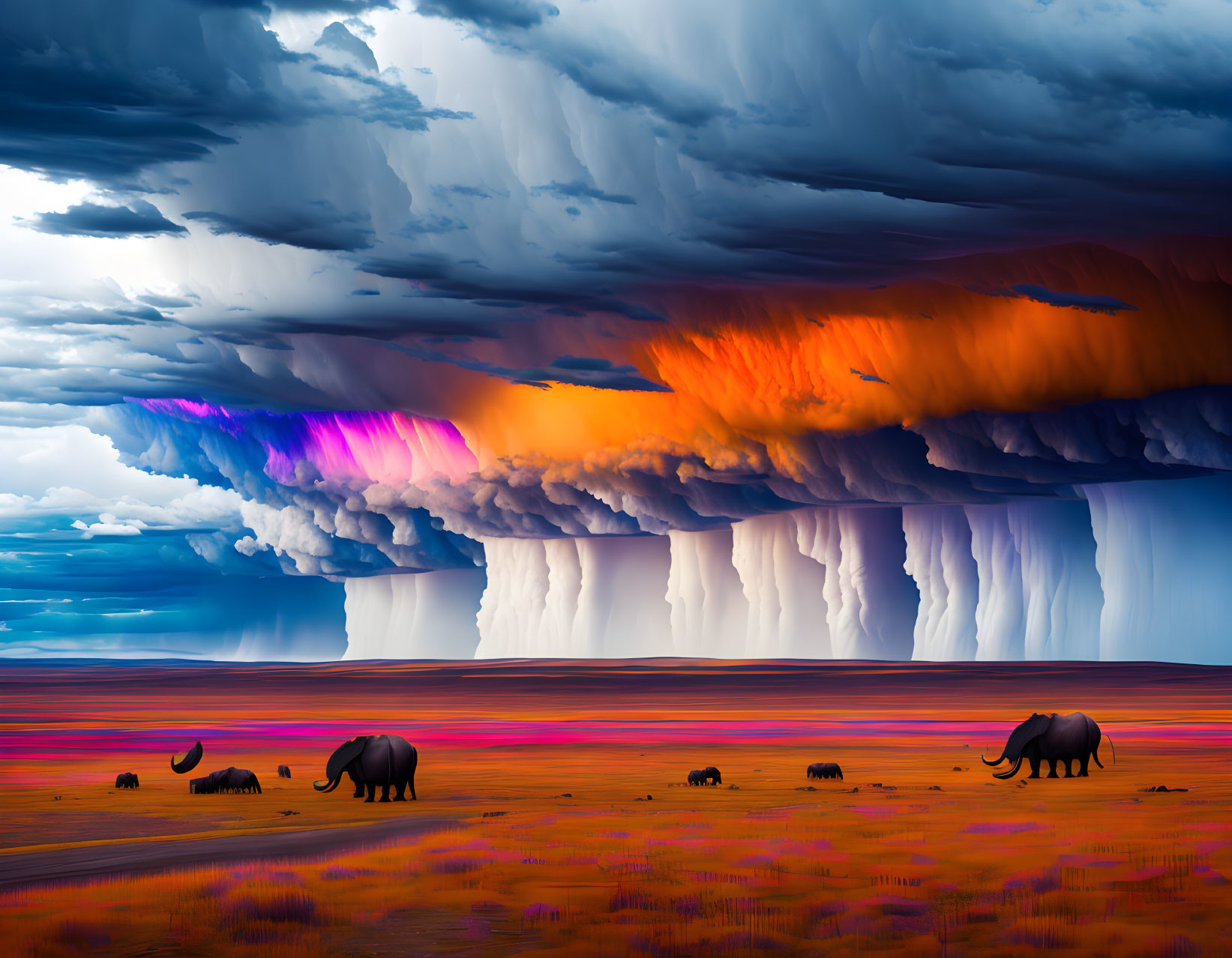 Colorful Landscape with Elephants Under Towering Shelf Cloud