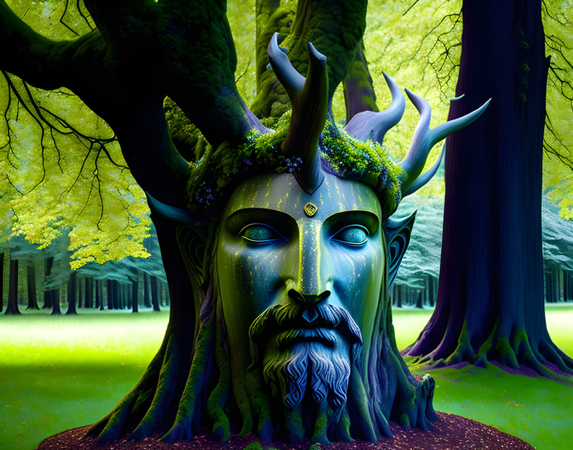 Mythical stag-headed man sculpture in emerald forest