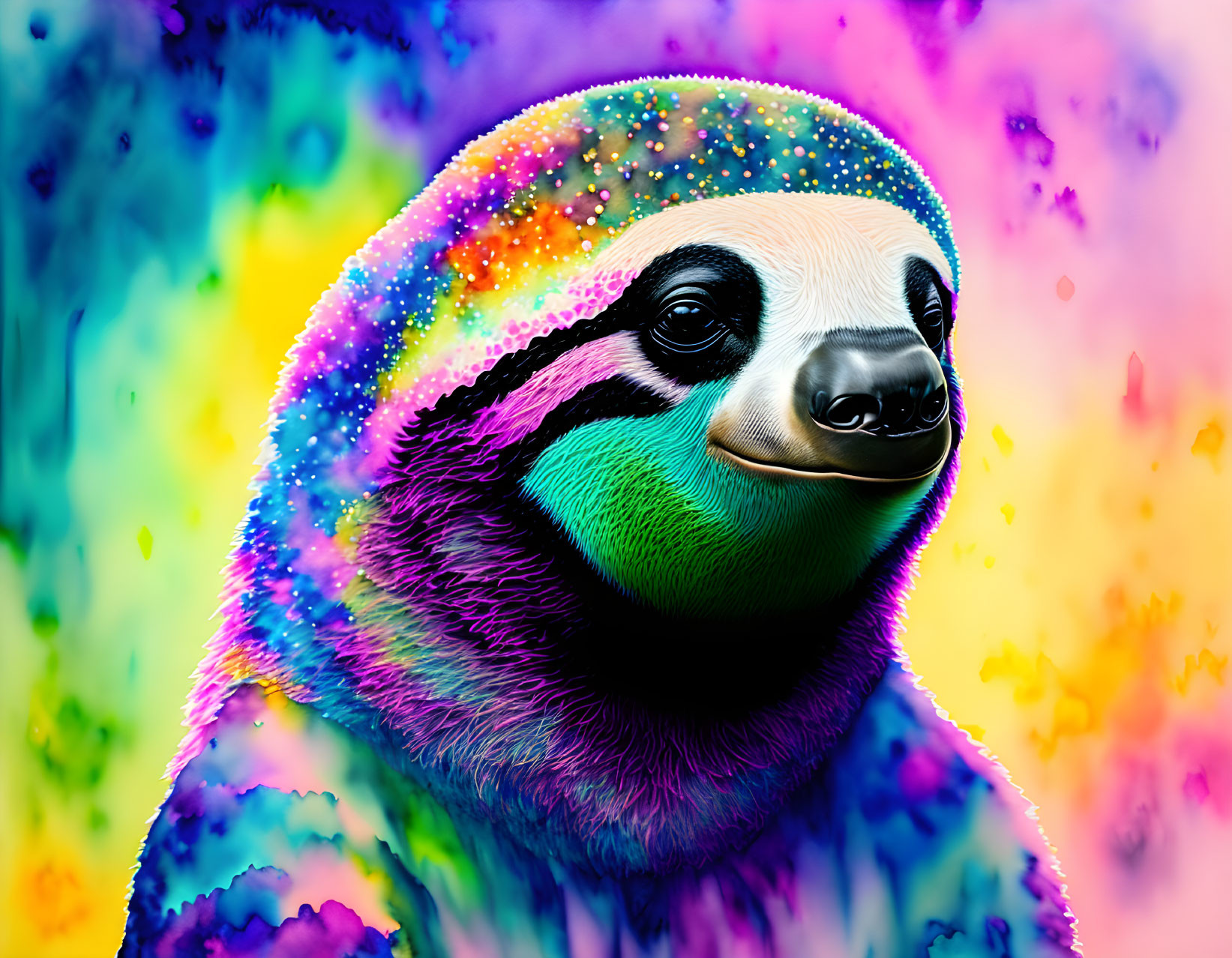 Colorful portrait of a sloth with rainbow background and psychedelic fur pattern