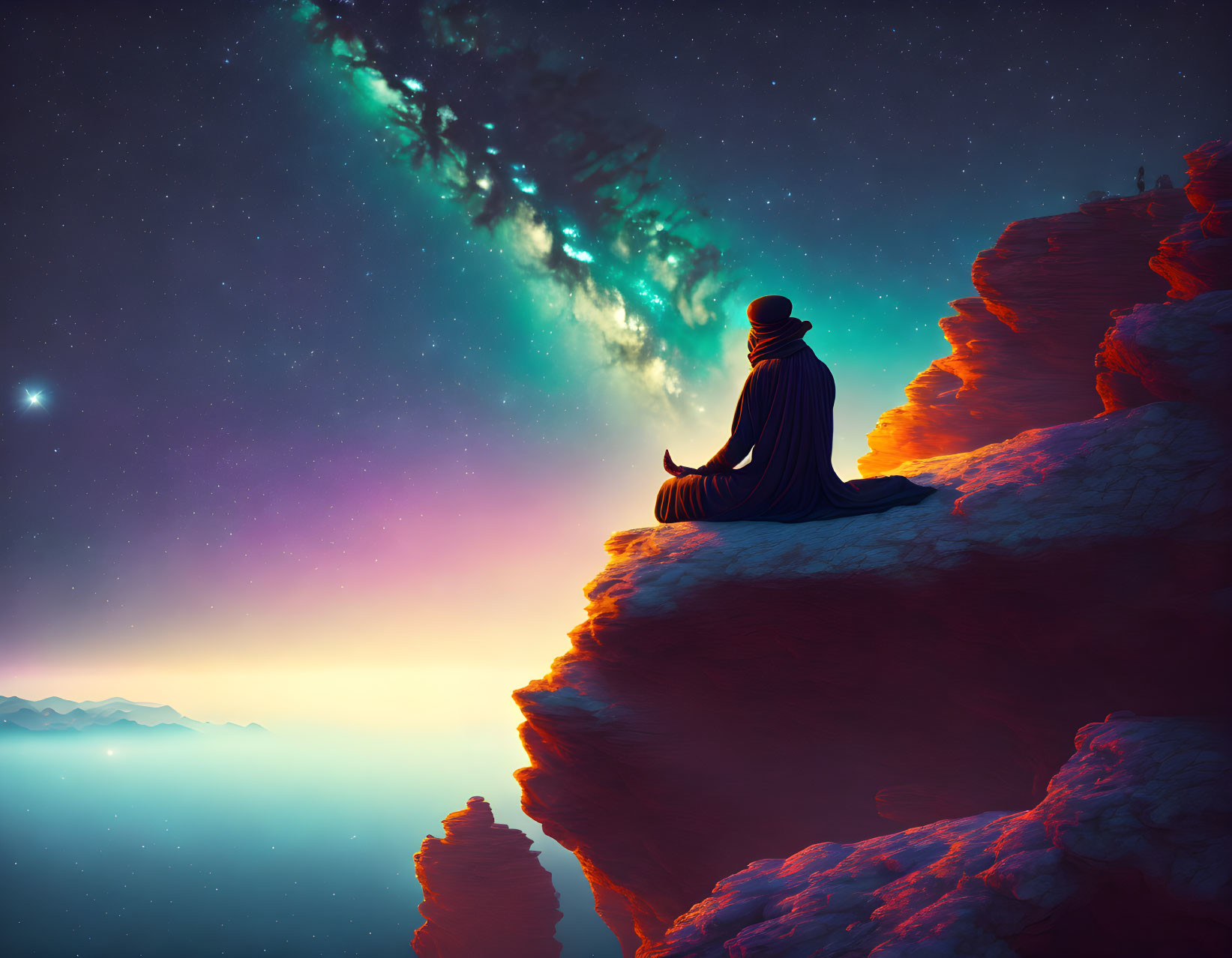 Person meditating on cliff edge under cosmic sky