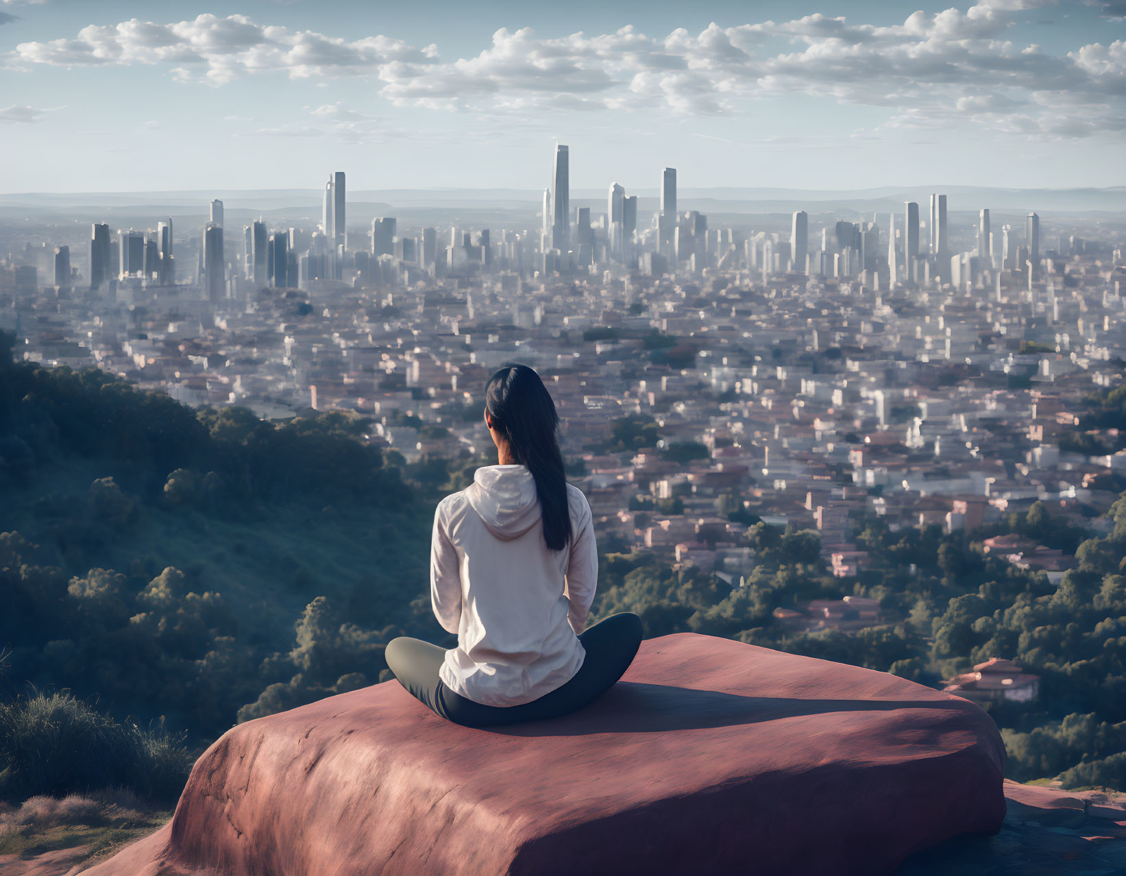 Person sitting on rock gazes at vast cityscape with towering skyscrapers