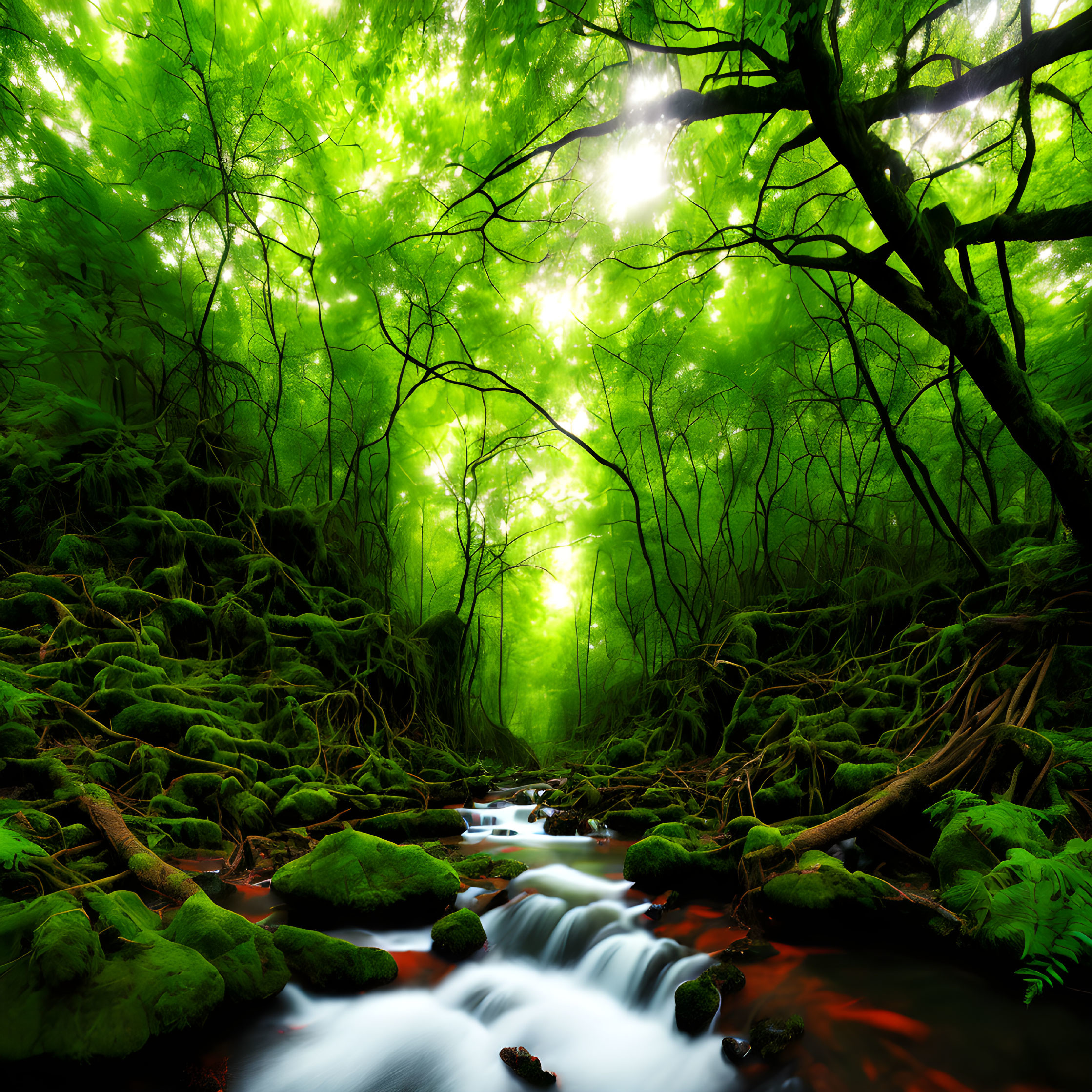 Lush Forest Scene: Sunlight, Stream, Mossy Rocks, Mist