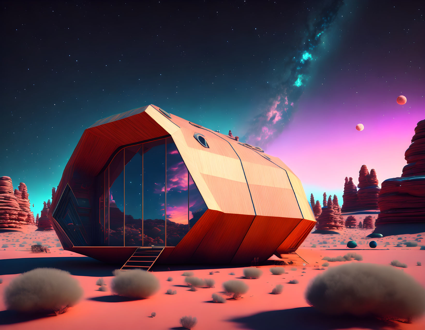 Polygonal futuristic habitat on alien desert with multiple moons