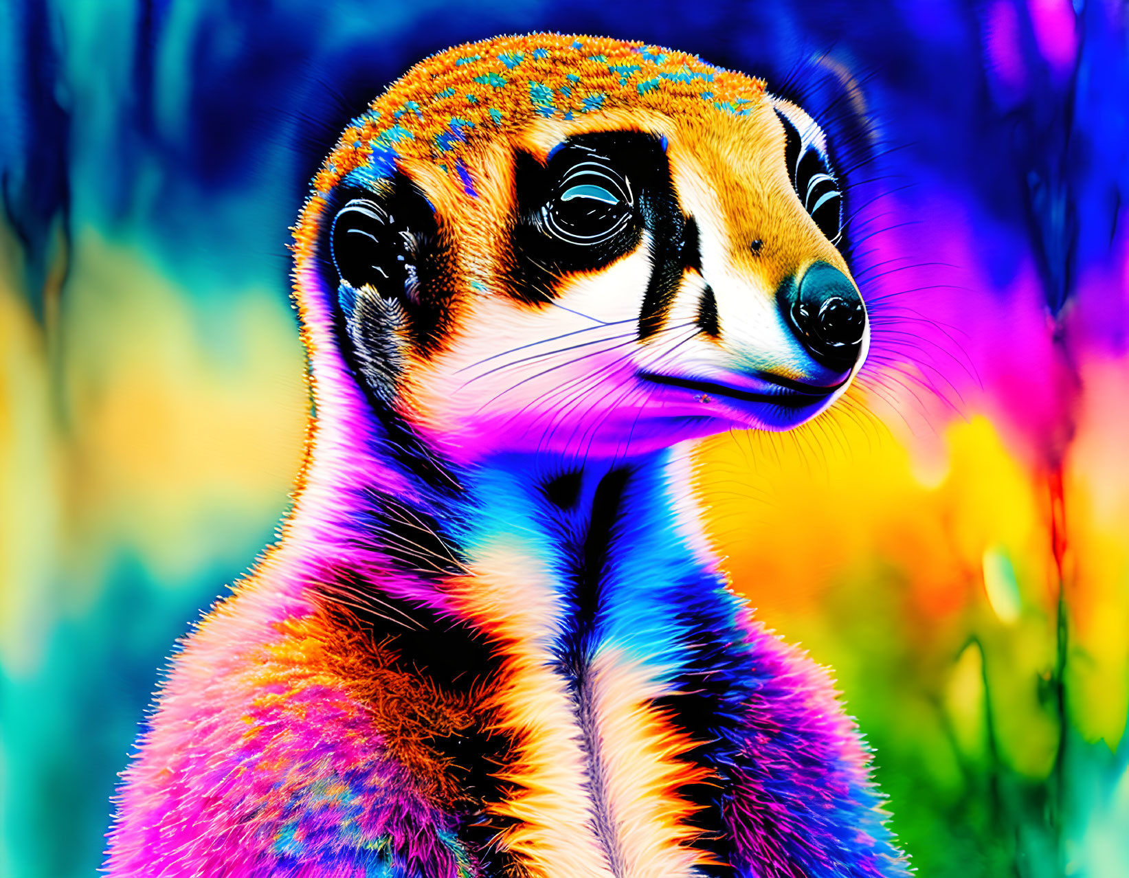 Vibrant psychedelic meerkat art on abstract multicolored backdrop