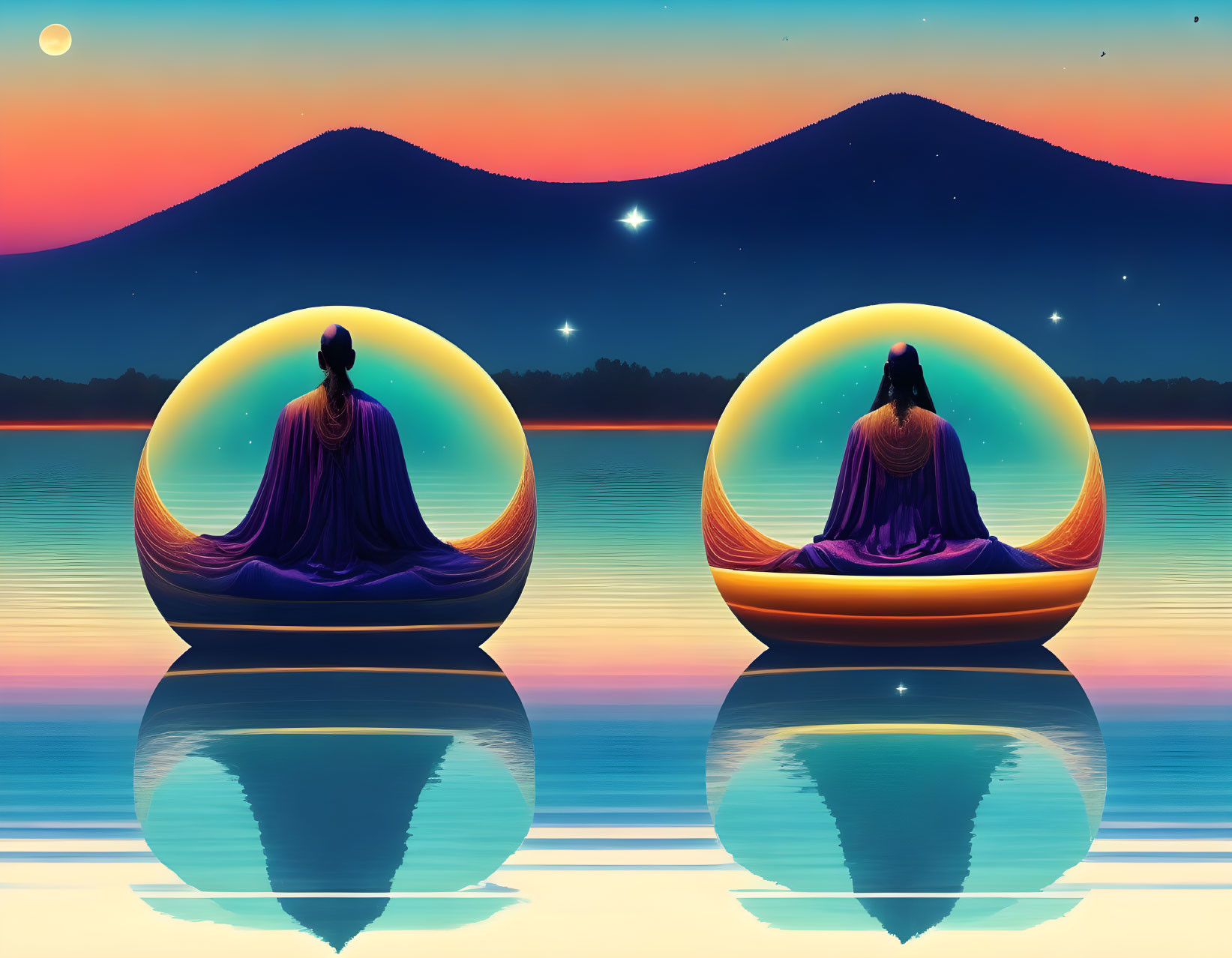 Silhouetted figures in glowing orbs on tranquil lake with mountains reflected at twilight