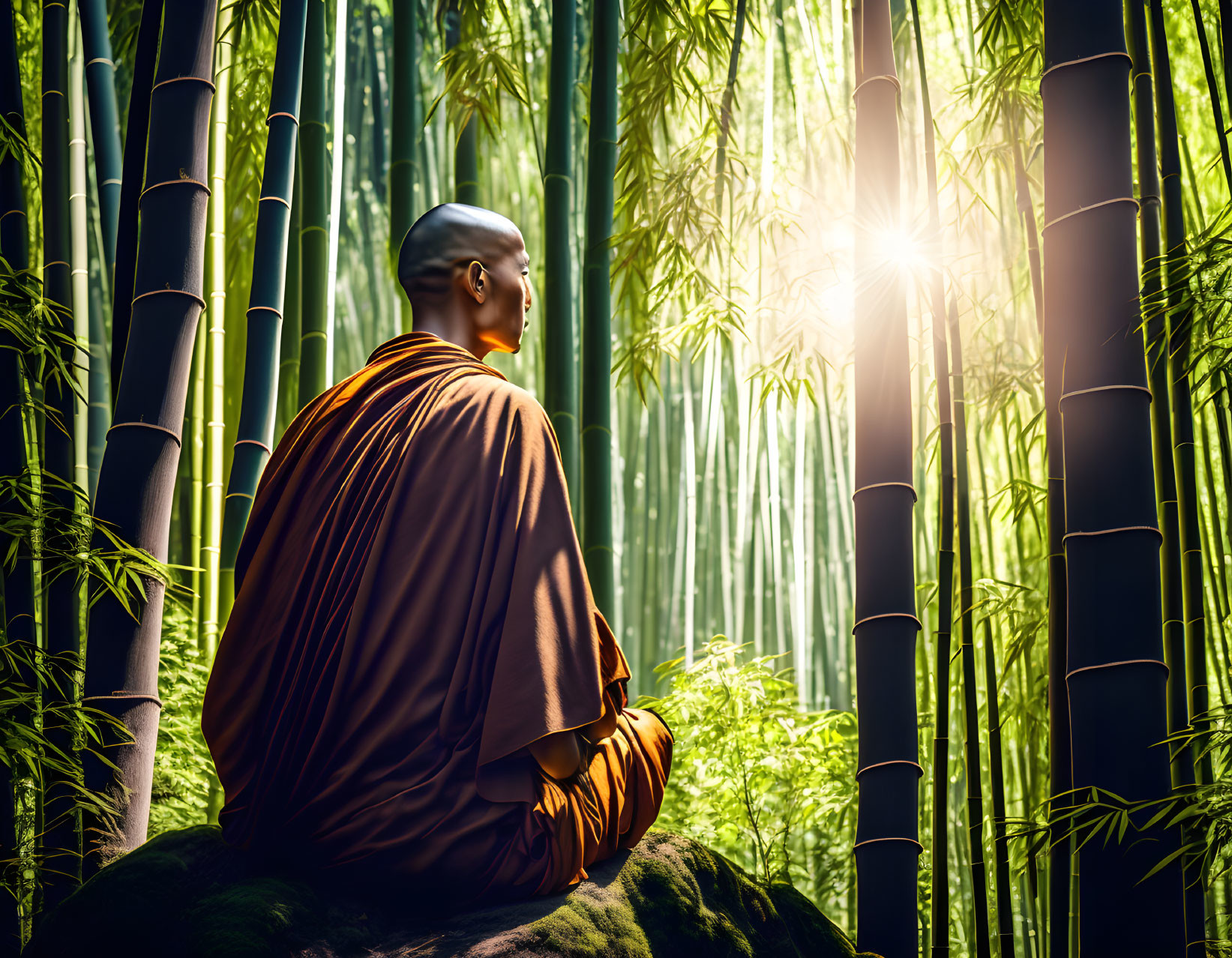 Monk Meditating in Orange Robes Amidst Bamboo Forest