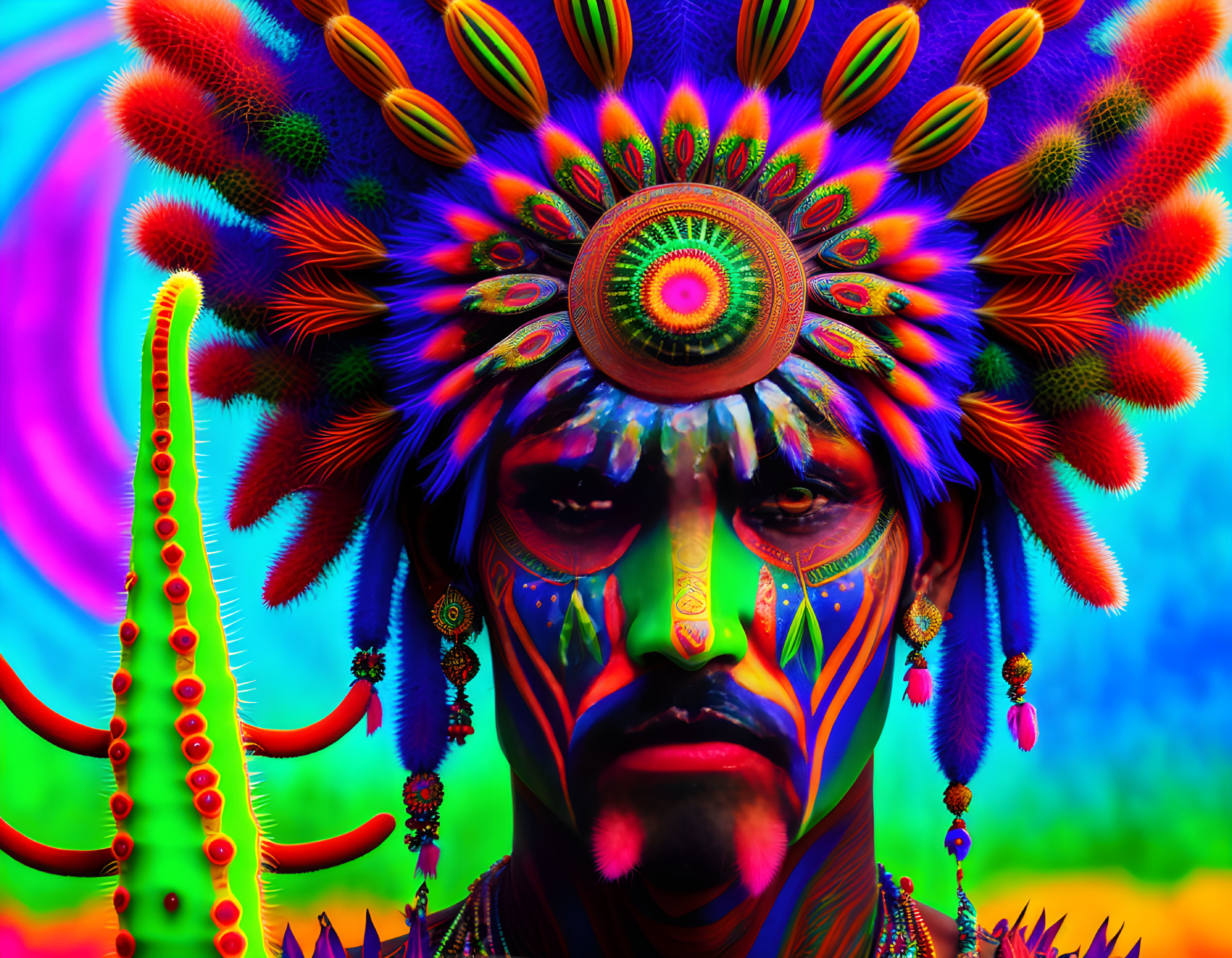 Colorful Face Paint and Feather Headdress on Psychedelic Background